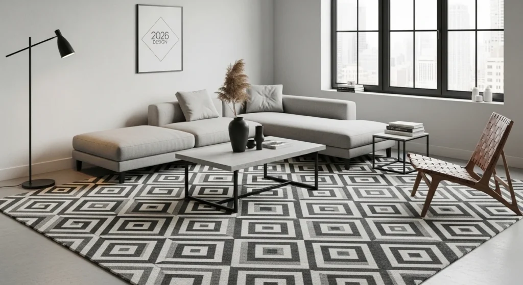 Living room with bold geometric patterned rug and minimalist furniture