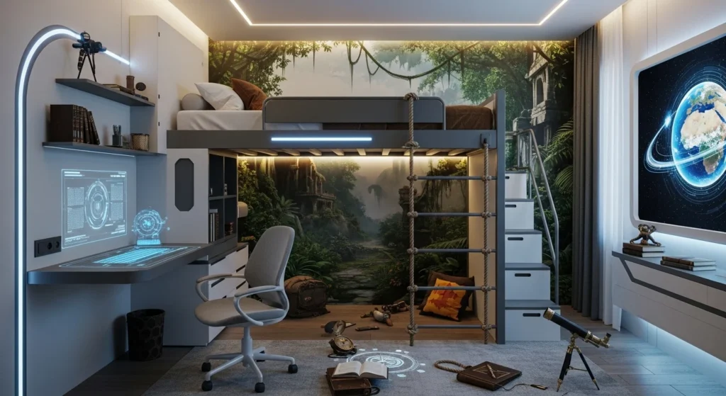 oys bedroom with jungle mural, loft bed with climbing rope, adventure-themed decor