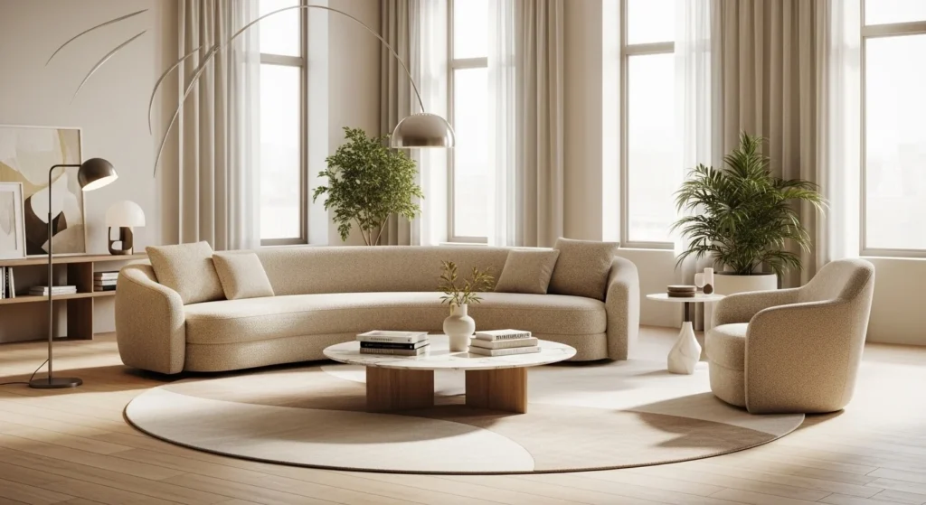 Contemporary living room with curved sofa and round coffee table