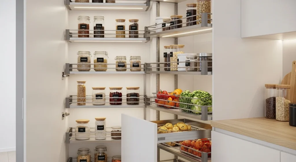 Kitchen pantry featuring pull-out sliding shelves for easy access