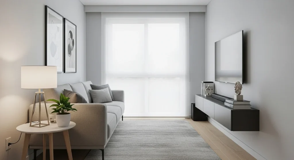 Compact living room with smart furniture placement that maximizes movement and space efficiency