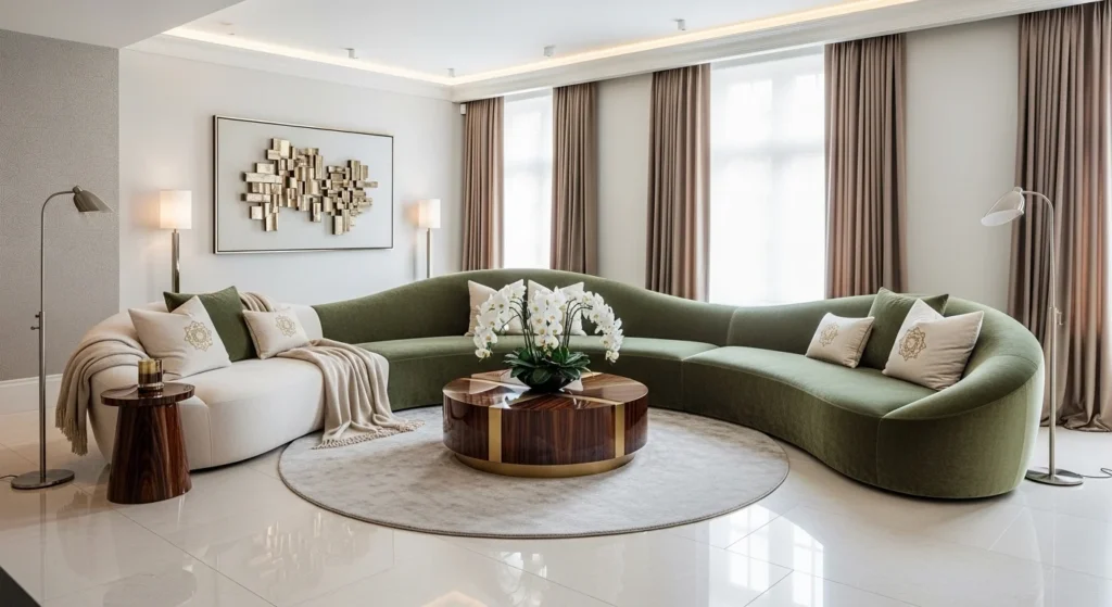 Luxury living room featuring a sculptural statement sofa