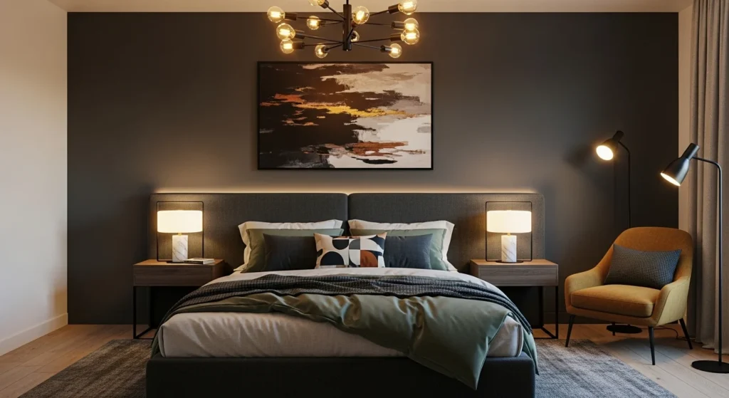 Bedroom with dark gray accent wall and warm modern lighting