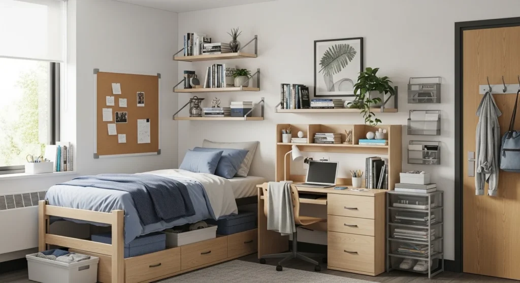 Dorm room with under-bed drawers, vertical shelves, and smart storage solutions