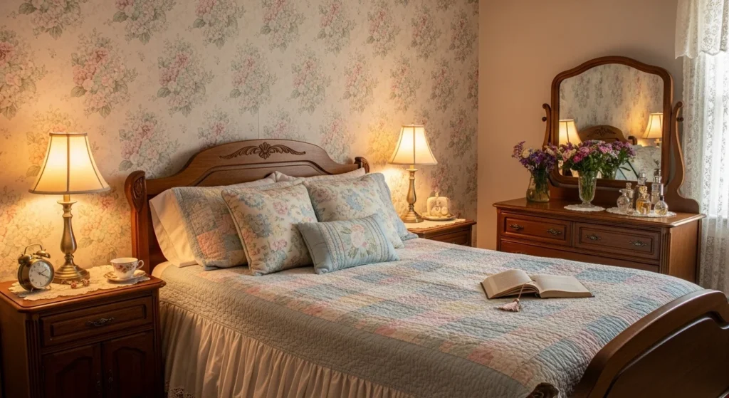 Vintage bedroom with soft floral wallpaper accent wall and pastel decor