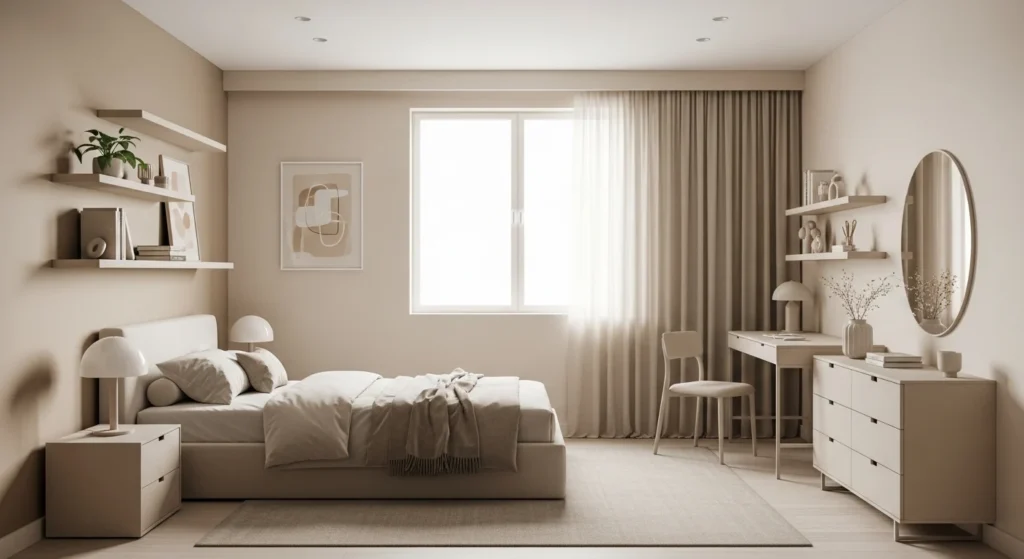 Minimalist teen bedroom with beige tones and clean modern furniture