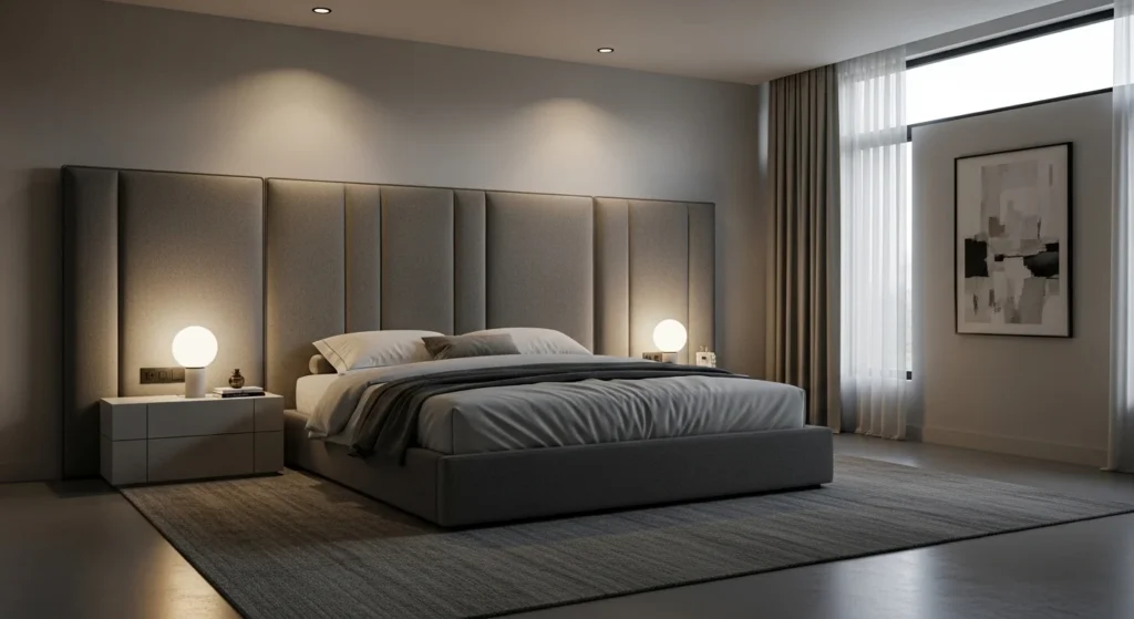 Bedroom featuring oversized upholstered statement headboard in modern 2026 style