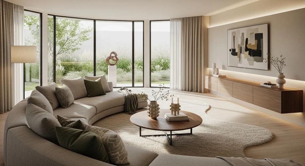 Living room with curved sectional sofa, rounded coffee table, modern 2026 interior