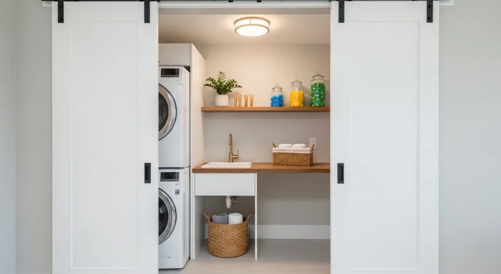 Compact laundry area hidden behind white sliding barn doors with stacked washer dryer