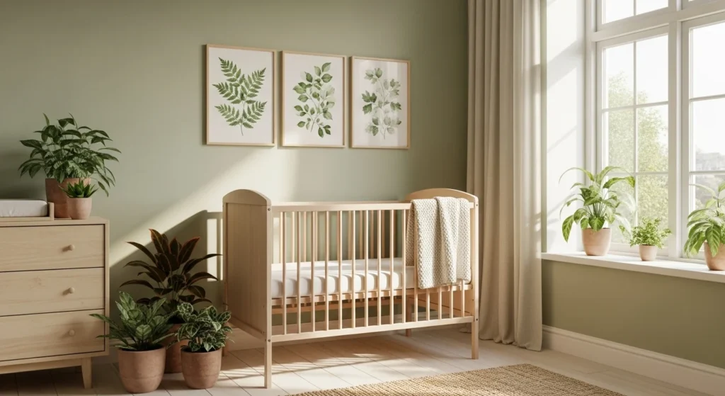 Sage green nursery with wooden crib and botanical wall art