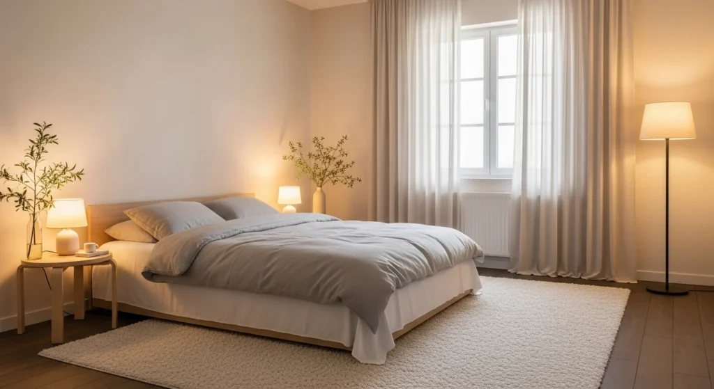 Soft minimalist cozy bedroom with neutral colors, simple furniture, and warm calming light