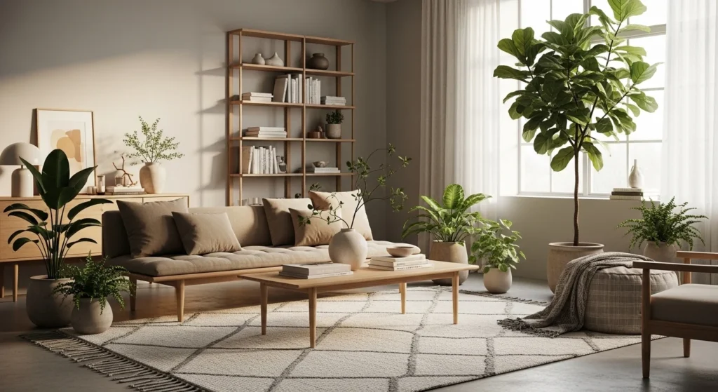 Scandinavian style parlor with light wood furniture, neutral tones, cozy rug, and indoor plants