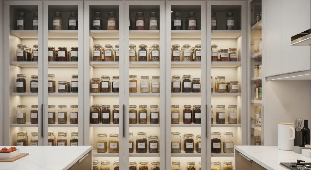 Kitchen pantry featuring glass-front cabinets with organized containers and sleek design
