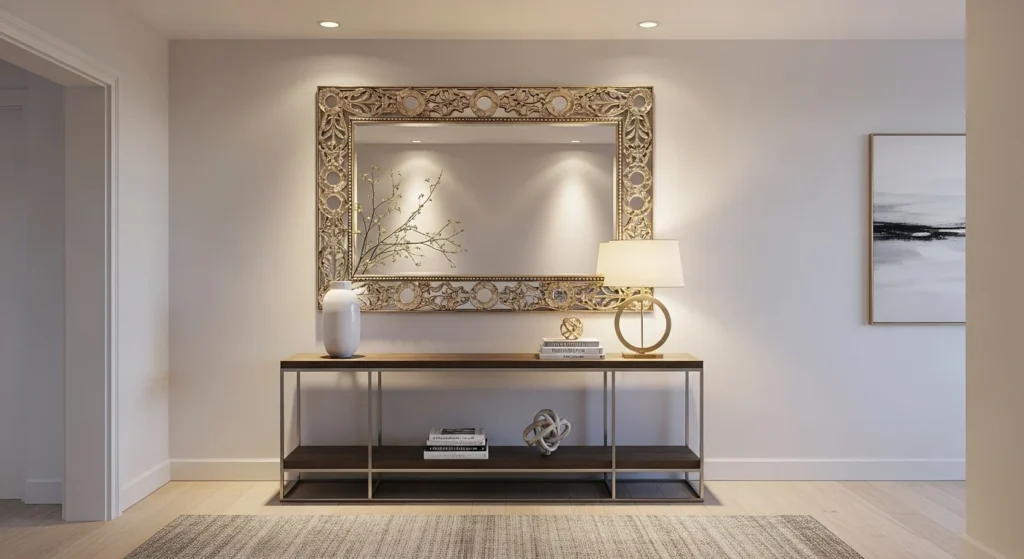 Modern entryway featuring large decorative mirror and elegant console table