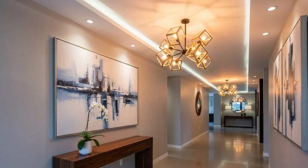 Modern hallway featuring decorative chandelier lighting and warm ambient glow