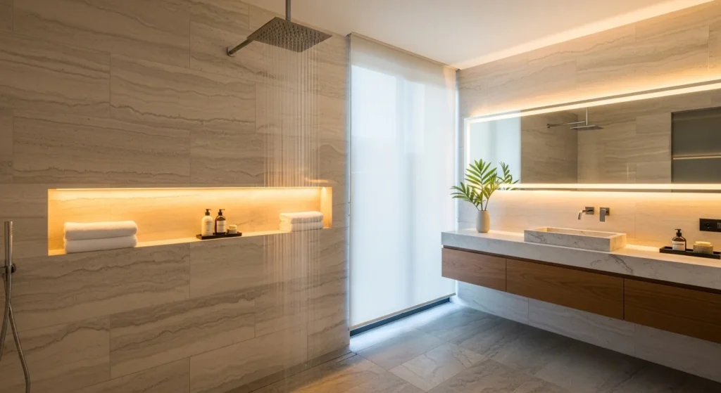 pa-style shower with rainfall showerhead, stone tiles, and warm ambient lighting