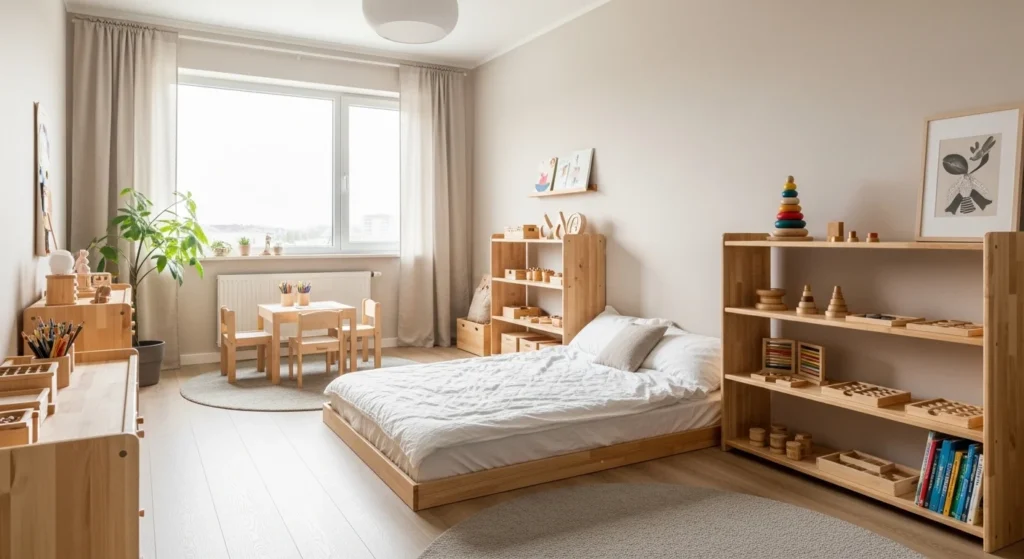 minimal Montessori kids bedroom with low floor bed and wooden shelves
