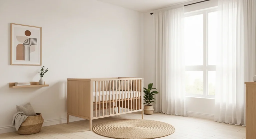 Scandinavian style nursery with light wood furniture, minimalist decor, airy modern 2026 baby room