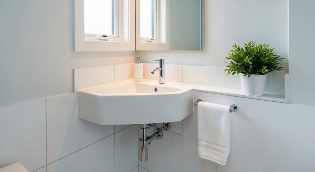 Small bathroom with wall-mounted corner sink, minimalist faucet, bright functional 2026 design