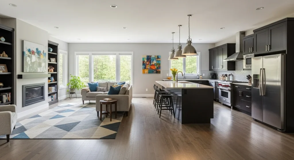 Open kitchen living room with clear zoning using rugs and lighting to separate kitchen and living areas