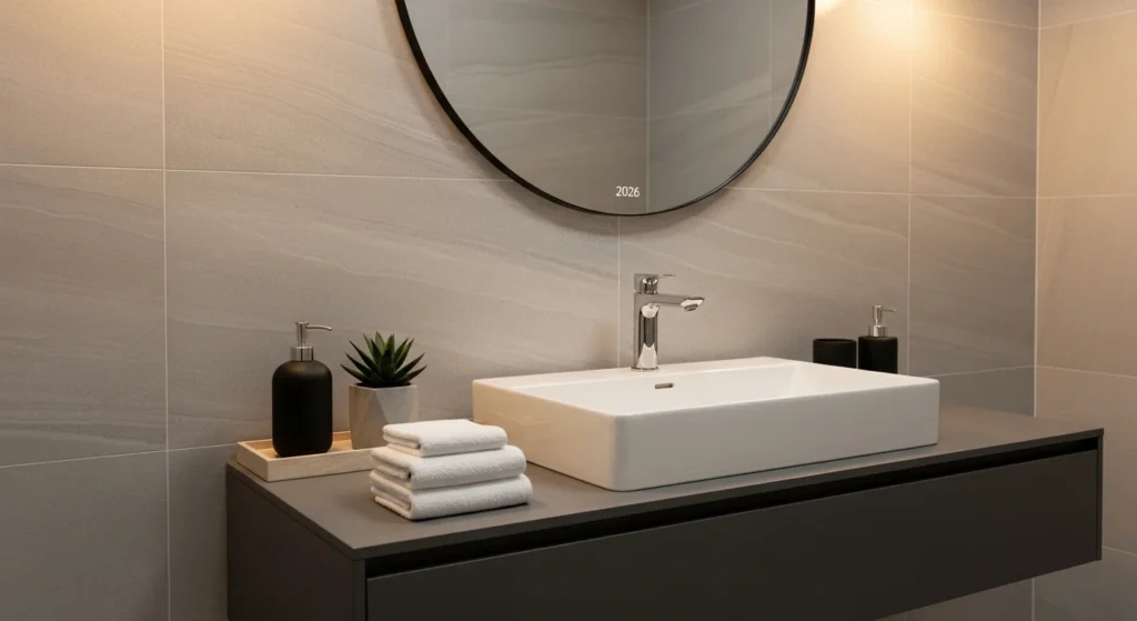 Bathroom sink styled with wooden tray organizing soap and accessories, warm modern bathroom