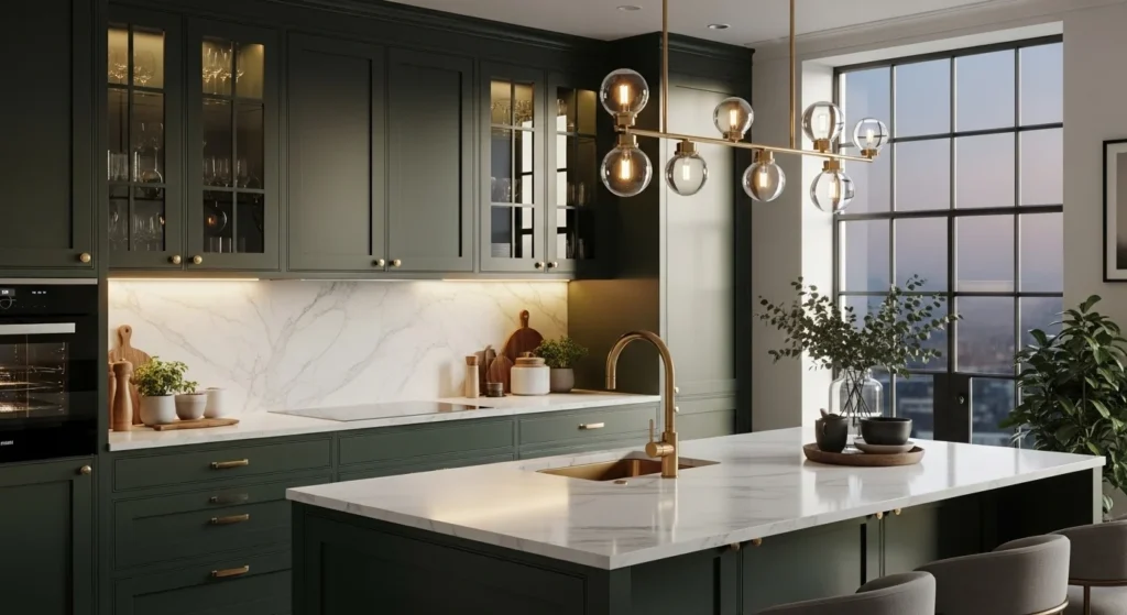 Dark green kitchen with brass hardware and marble countertops, elegant luxury 2026 kitchen