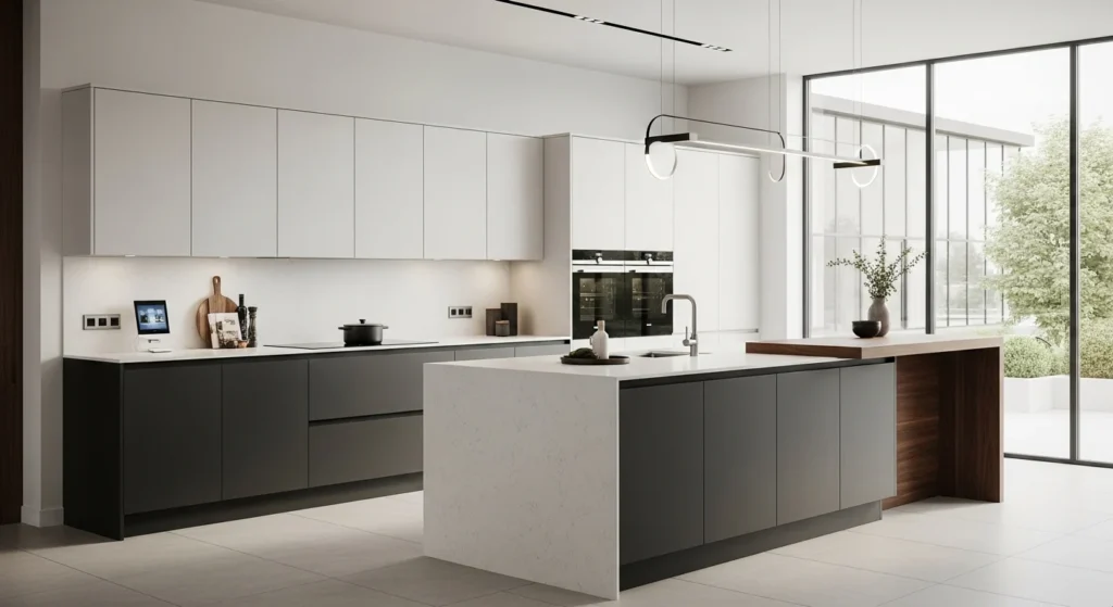 Stylish kitchen with contrasting upper and lower cabinets creating modern two-tone design 2026