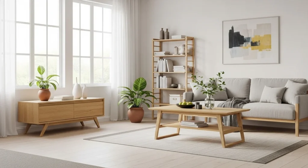 Nordic living room with light wood furniture and neutral decor, warm 2026 design