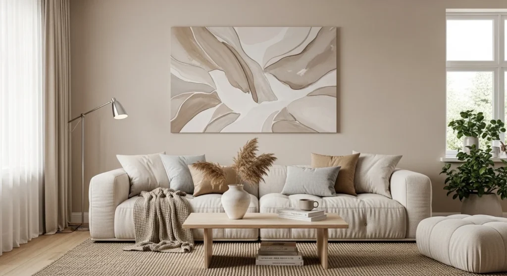 Large abstract canvas artwork creating a bold focal point in a contemporary living room