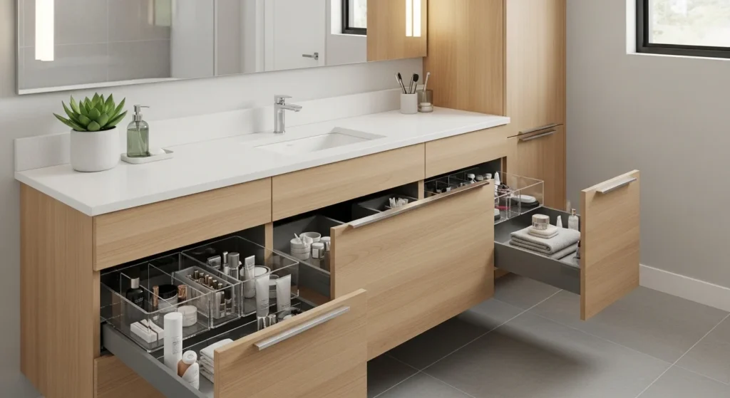 space-saving under sink bathroom organizer with baskets and pull-out drawers