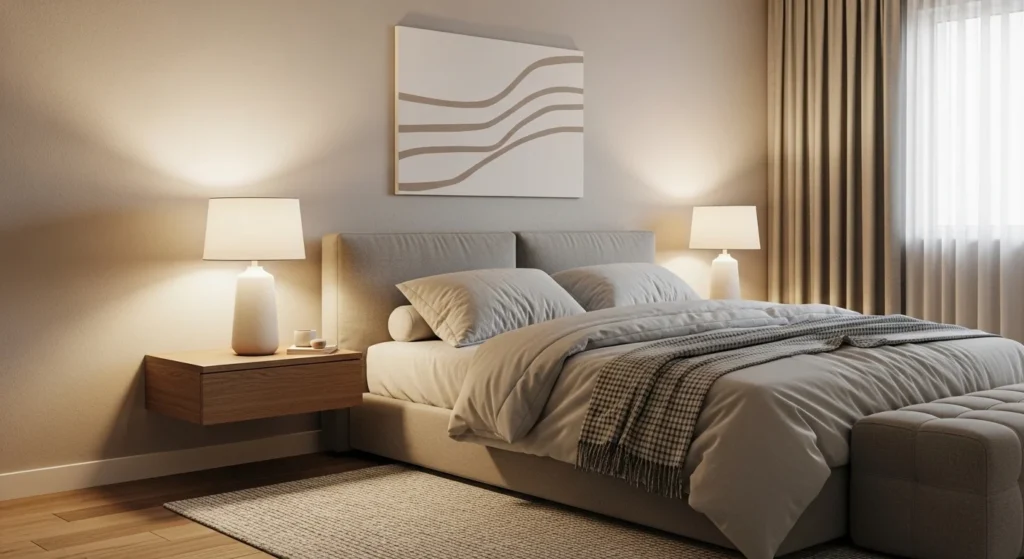 Artistic sculptural bedside lamp creating a luxury focal point in a modern bedroom