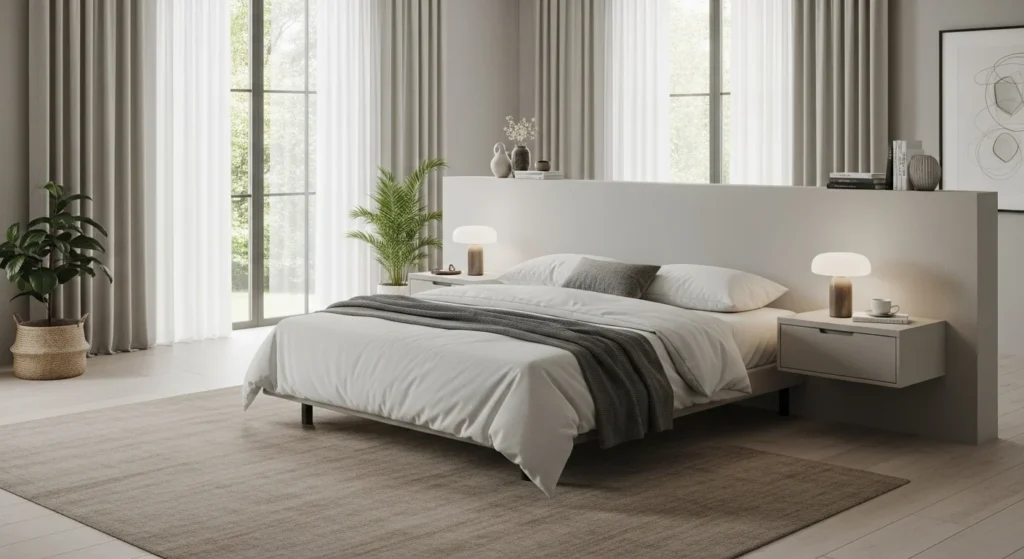 Modern bedroom with floating nightstands creating a clean and space-saving look