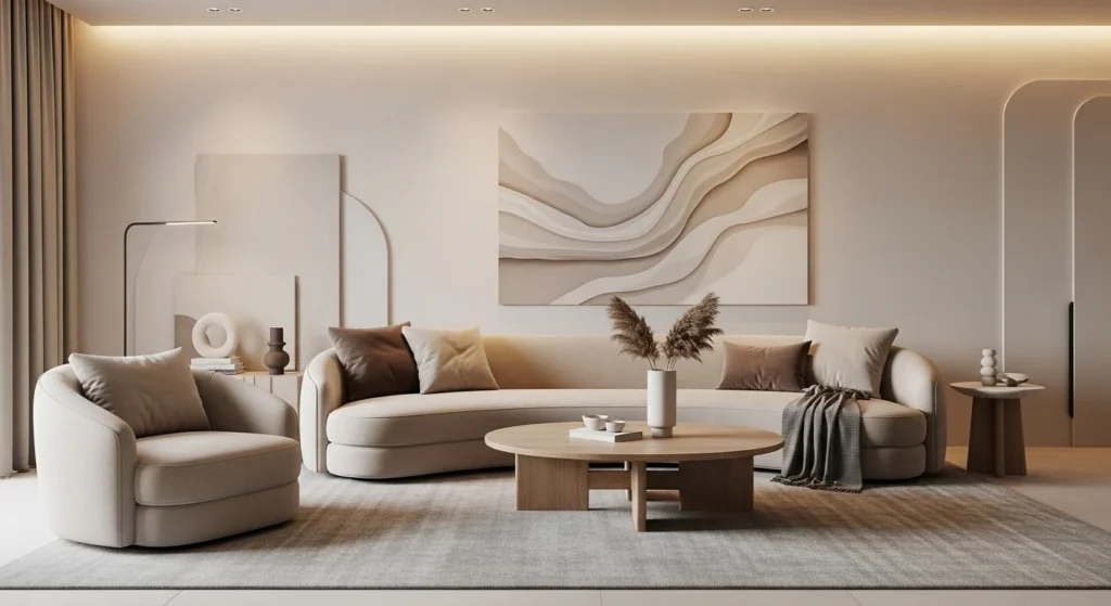 Modern living room featuring curved sofa and round coffee table with soft neutral tones, highlighting 2026 design trends