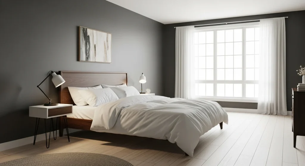 Grey and white modern bedroom with bright airy interior and minimal décor, 2026 design