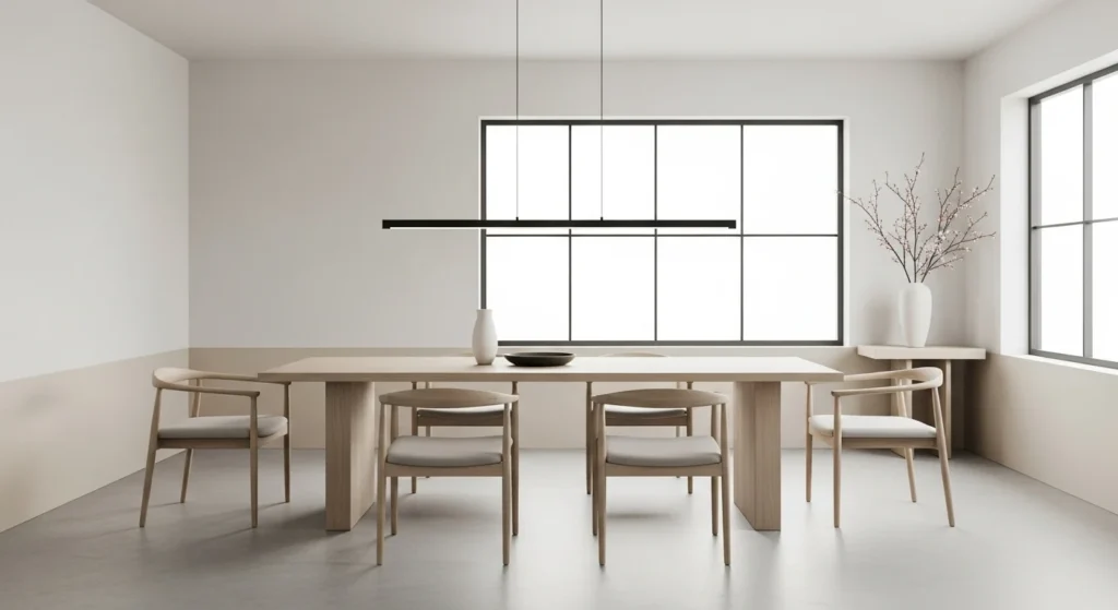 Modern minimalist dining room with clean lines, simple furniture, and a neutral color palette