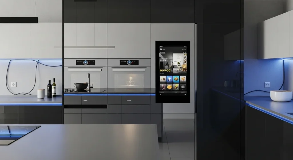 Modern kitchen featuring smart appliances, touchscreen refrigerator, and app-controlled oven integrated into sleek cabinets, 2026 style