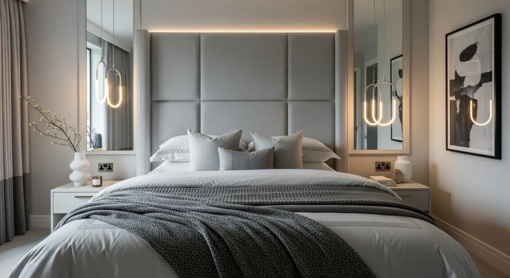 Modern master bedroom featuring oversized upholstered statement headboard with elegant neutral decor