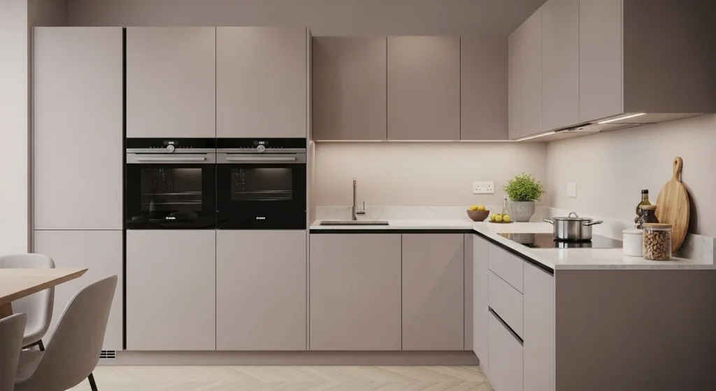 Sleek handleless kitchen cabinets creating a seamless contemporary kitchen design