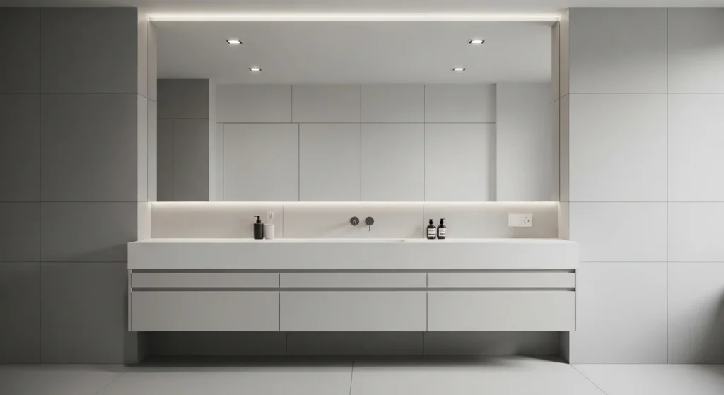 minimalist modern bathroom with floating vanity and clean neutral color palette
