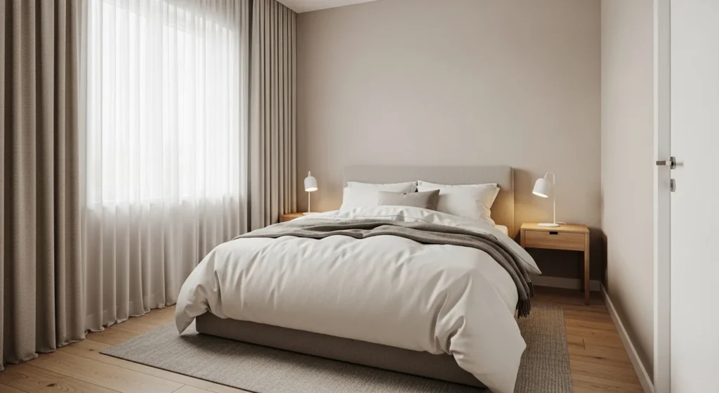 small bedroom designed with light neutral colors to make compact space look bigger and brighter