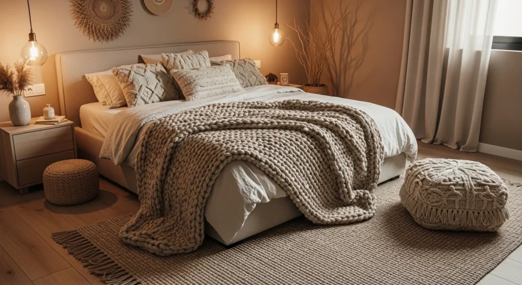 Neutral bedroom featuring layered textiles, textured bedding, and warm cozy styling.