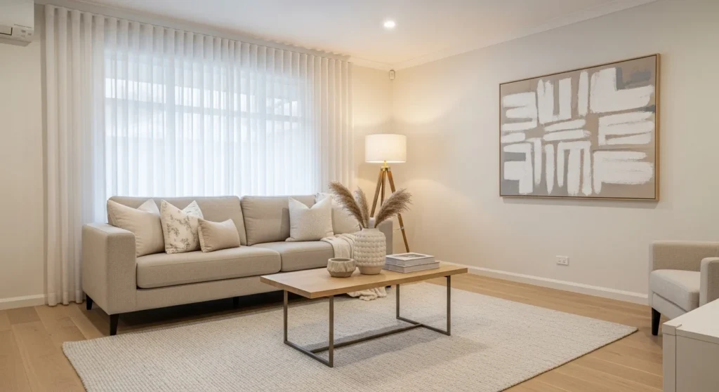 Warm white and beige living room with neutral textures creating a cozy modern atmosphere