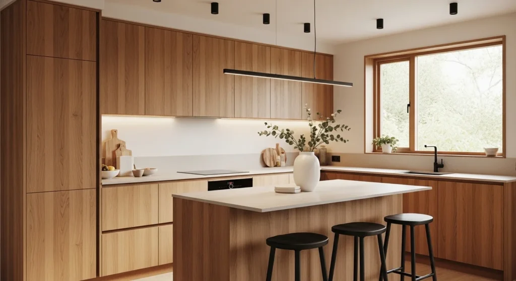 Cozy kitchen featuring natural wood cabinets and warm textures for a welcoming interior