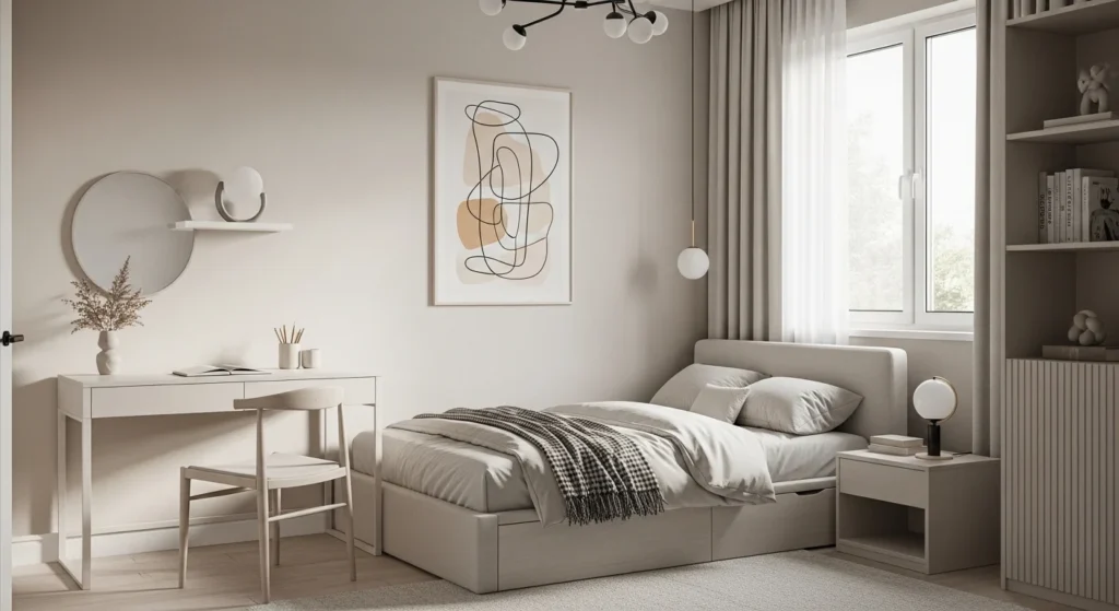 modern minimalist girls bedroom with neutral colors and clean aesthetic layout