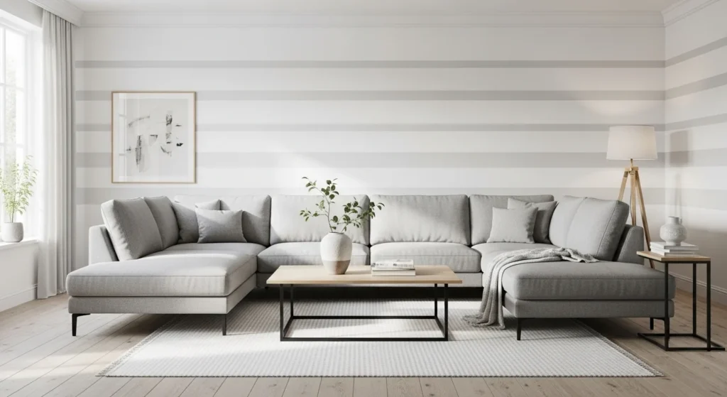 Contemporary gray and white living room with bright balanced modern styling.