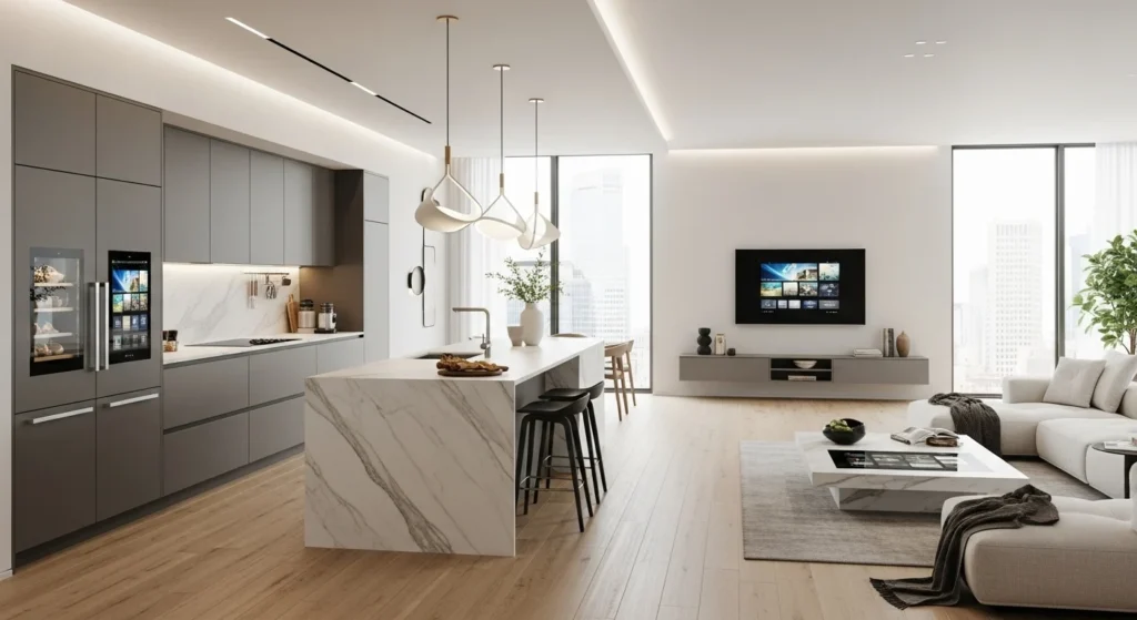 Open kitchen living room ideas for 2026 homes featuring a modern open-plan layout, kitchen island, and stylish living area in neutral tones