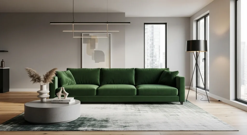Apartment living room featuring a bold statement sofa creating a stylish modern focal point