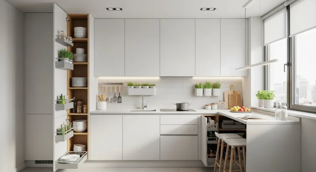 ompact kitchen using tall cabinets and vertical storage to maximize space efficiently