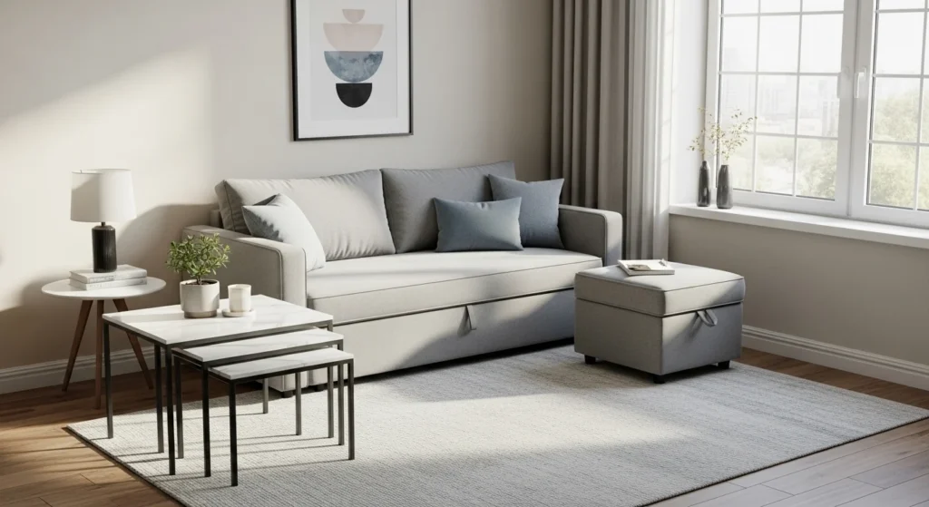 Small living room featuring multifunctional furniture with hidden storage and space-saving layout