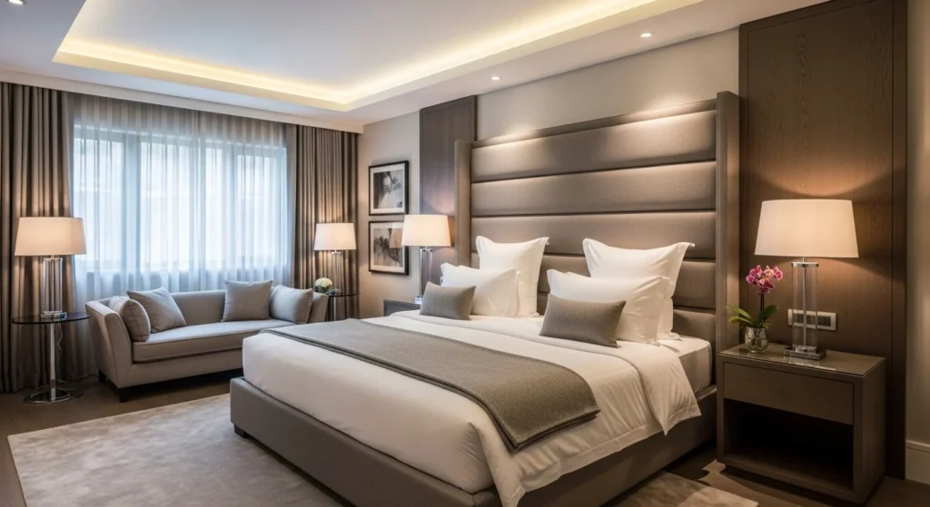 Hotel-inspired guest bedroom with upholstered headboard and elegant modern decor